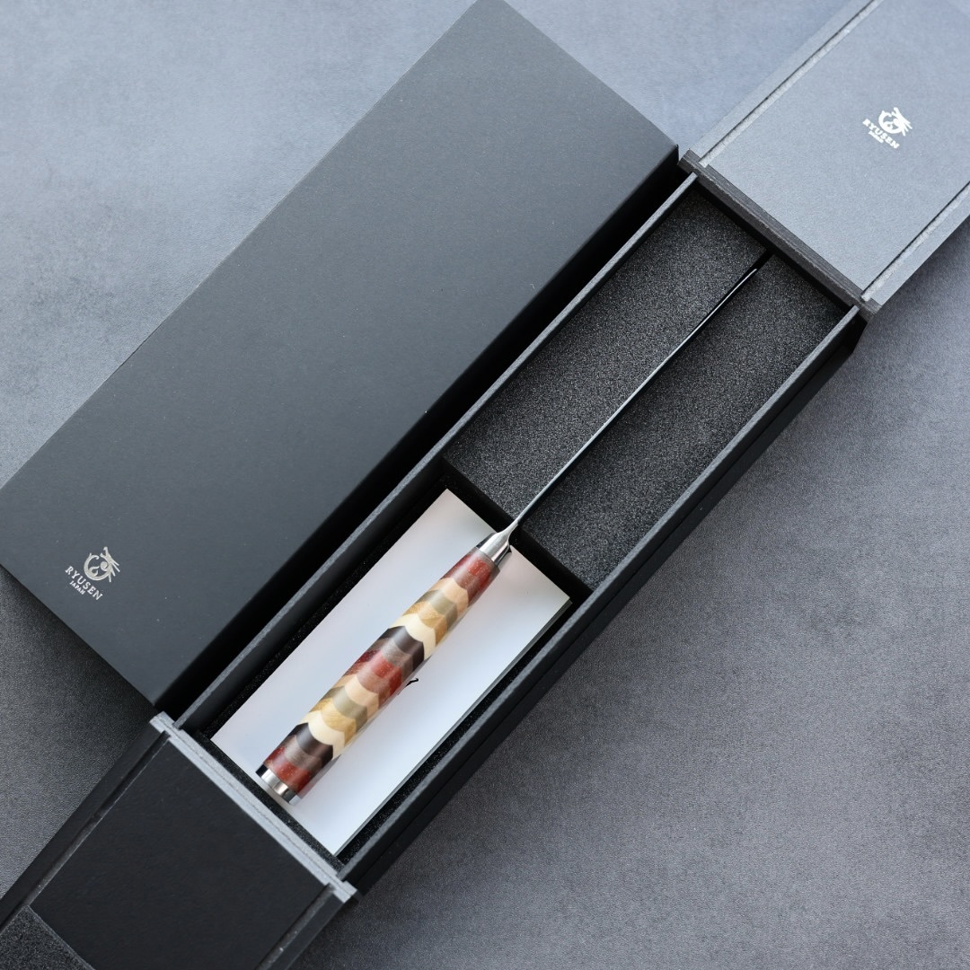 龍泉刃物 寄木細工 牛排刀/矢羽根 100mm ATS314 63層大馬士革