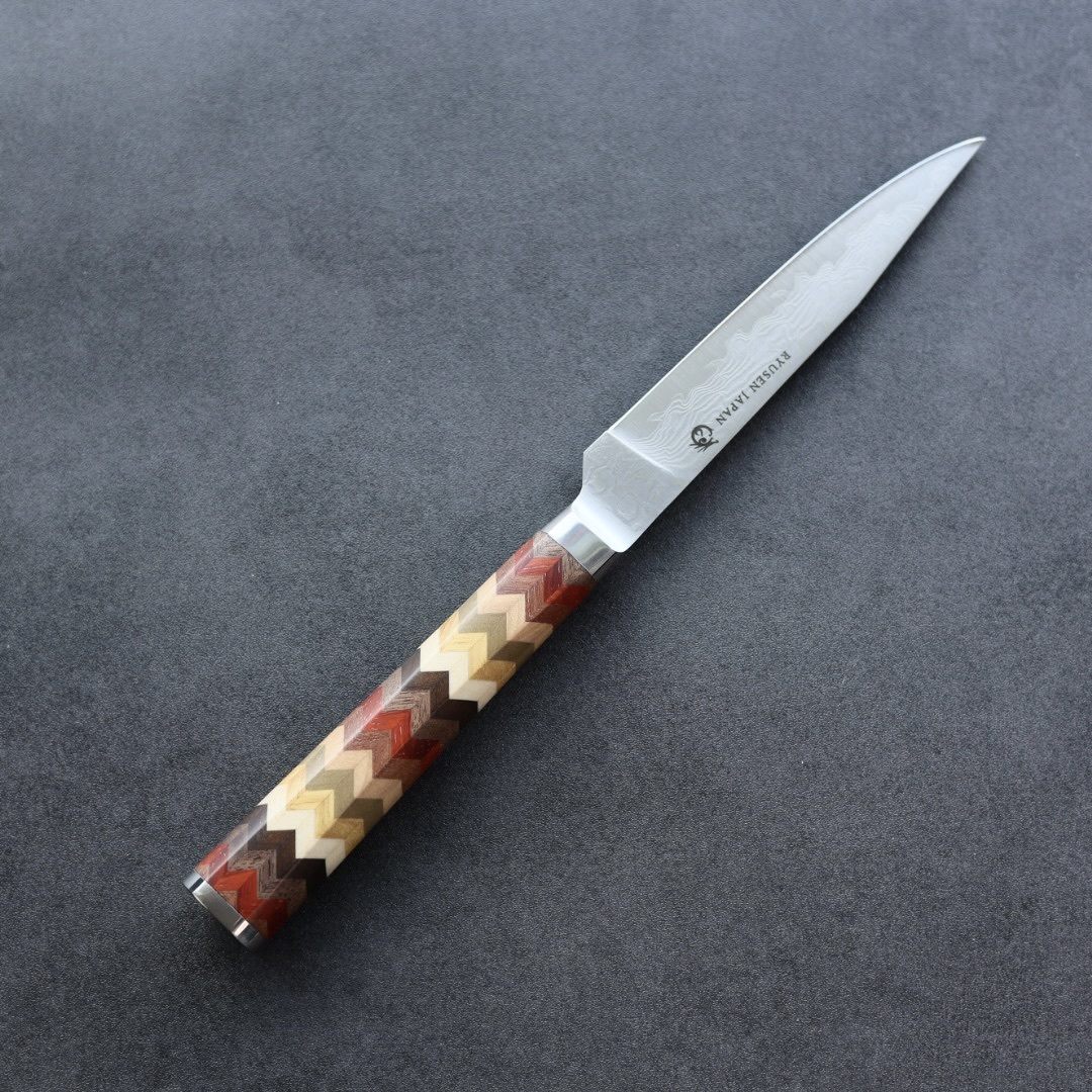 龍泉刃物 寄木細工 牛排刀/矢羽根 100mm ATS314 63層大馬士革