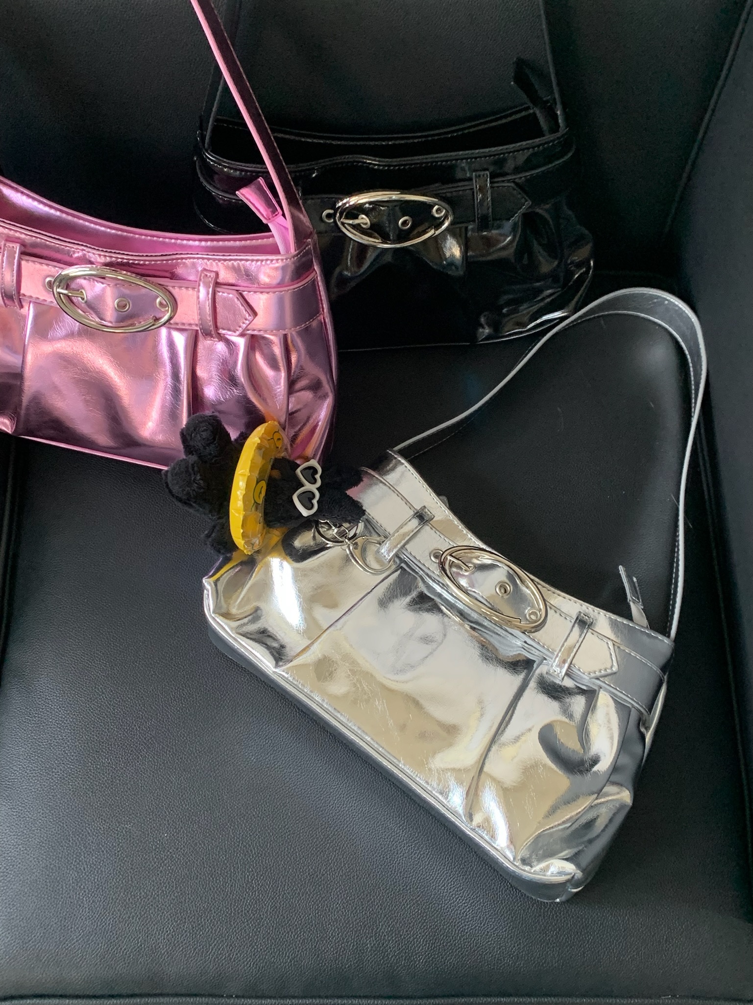 （現貨）JU135 (推推推!!!) mirror 光澤褶皺單肩包_黑/銀灰/粉