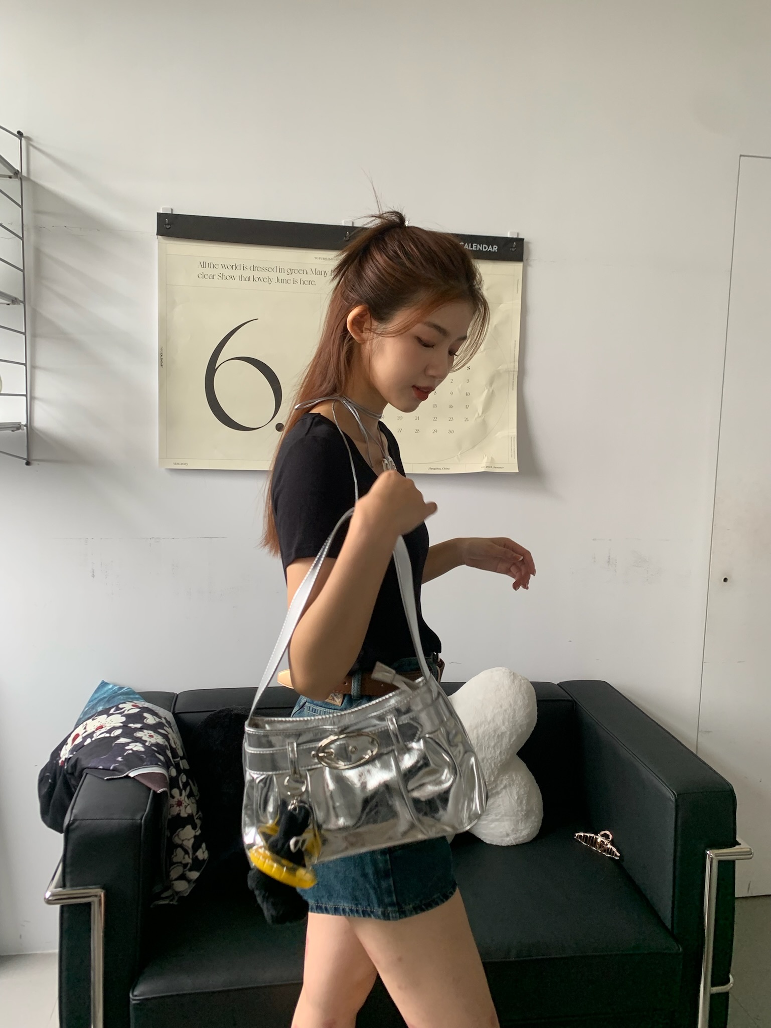 （現貨）JU135 (推推推!!!) mirror 光澤褶皺單肩包_黑/銀灰/粉