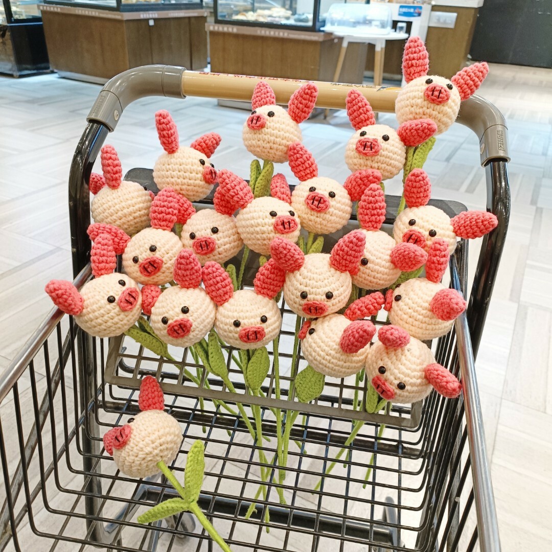 《2452》立體耳朵可愛豬豬手工編織花(單支)