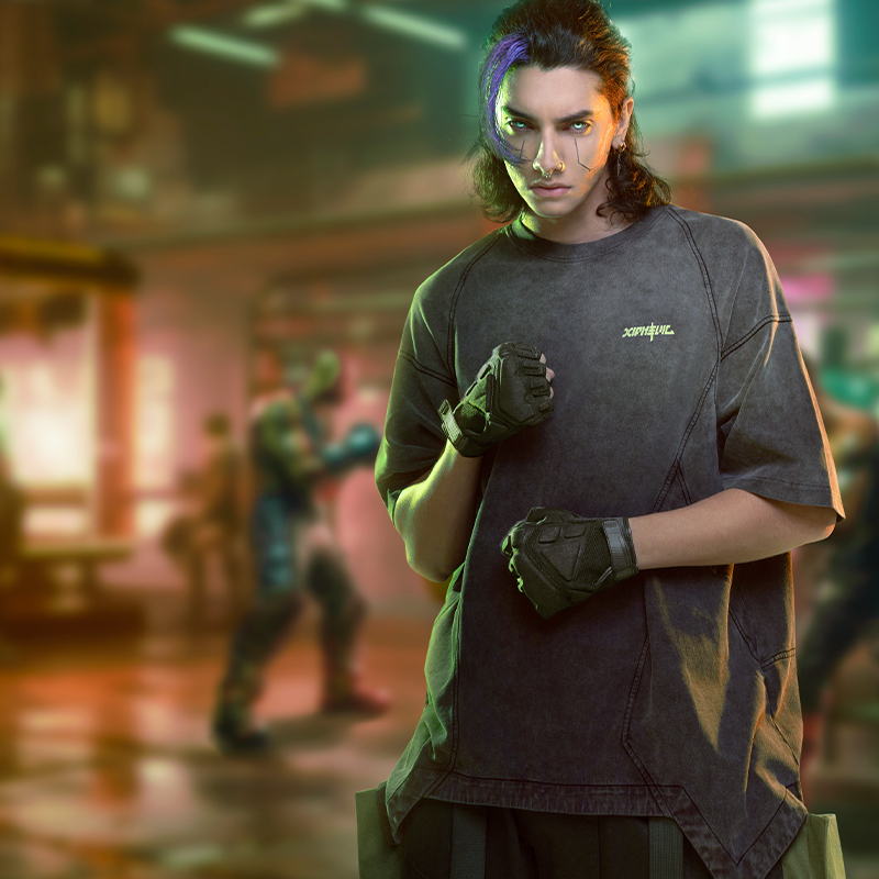 不作惡「街拳反應生態服-夜光」賽博朋克街頭寬鬆水洗蠟染短袖T卹