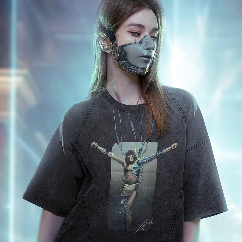 不作惡「智械重生- J型」賽博朋克寬鬆水洗漸變拔染印花短袖T卹