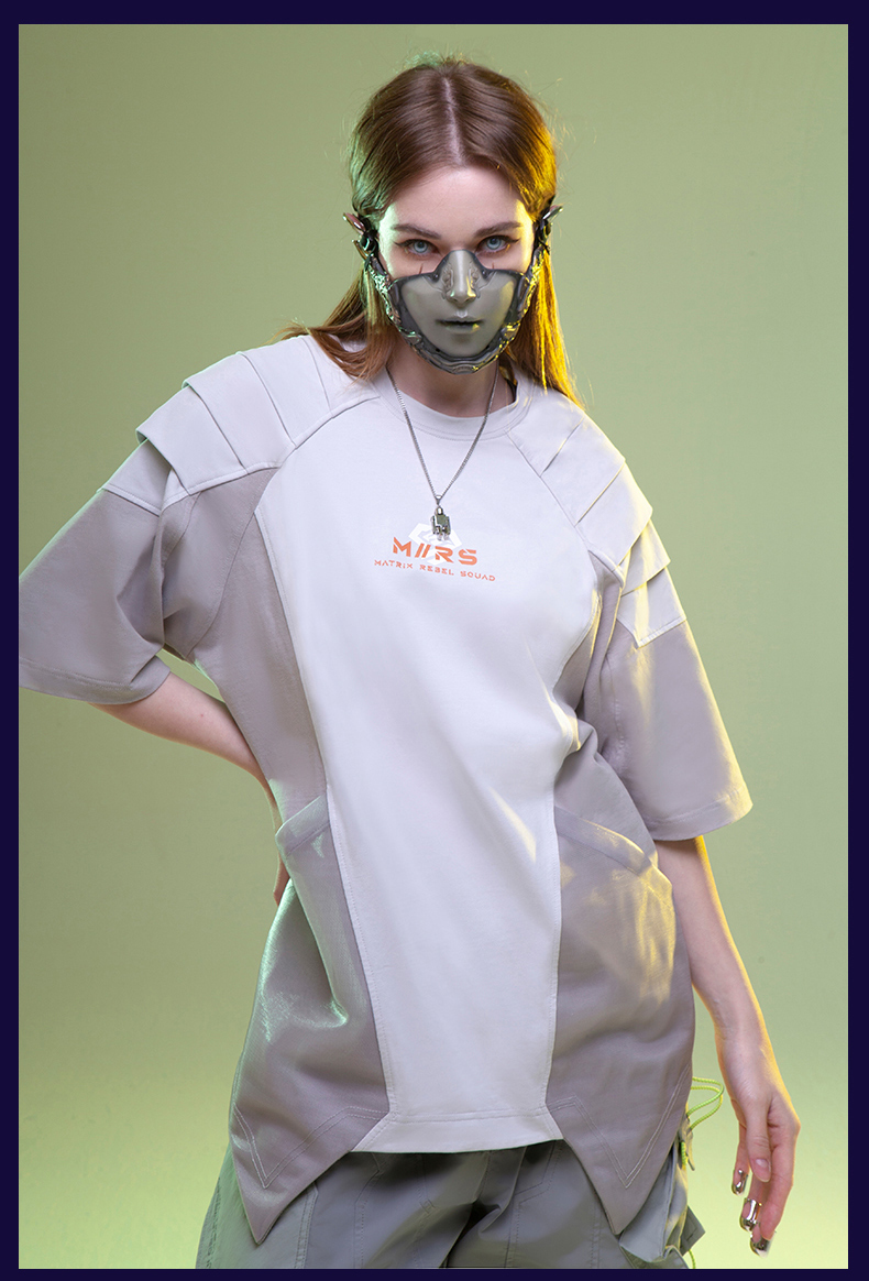 不作惡「矩陣特攻短卹」賽博朋克街頭寬鬆機甲網眼拼色短袖T卹