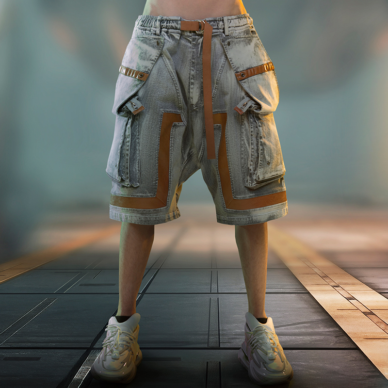 不作惡「極墜隕星短褲」賽博朋克重磅水洗牛仔皮料拼接短褲