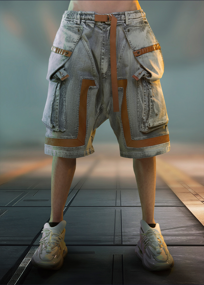 不作惡「極墜隕星短褲」賽博朋克重磅水洗牛仔皮料拼接短褲