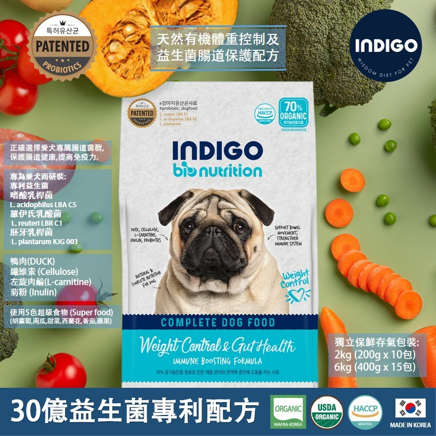 INDIGO 益生菌腸道保護配方 天然有機體重控制 狗糧 2KG