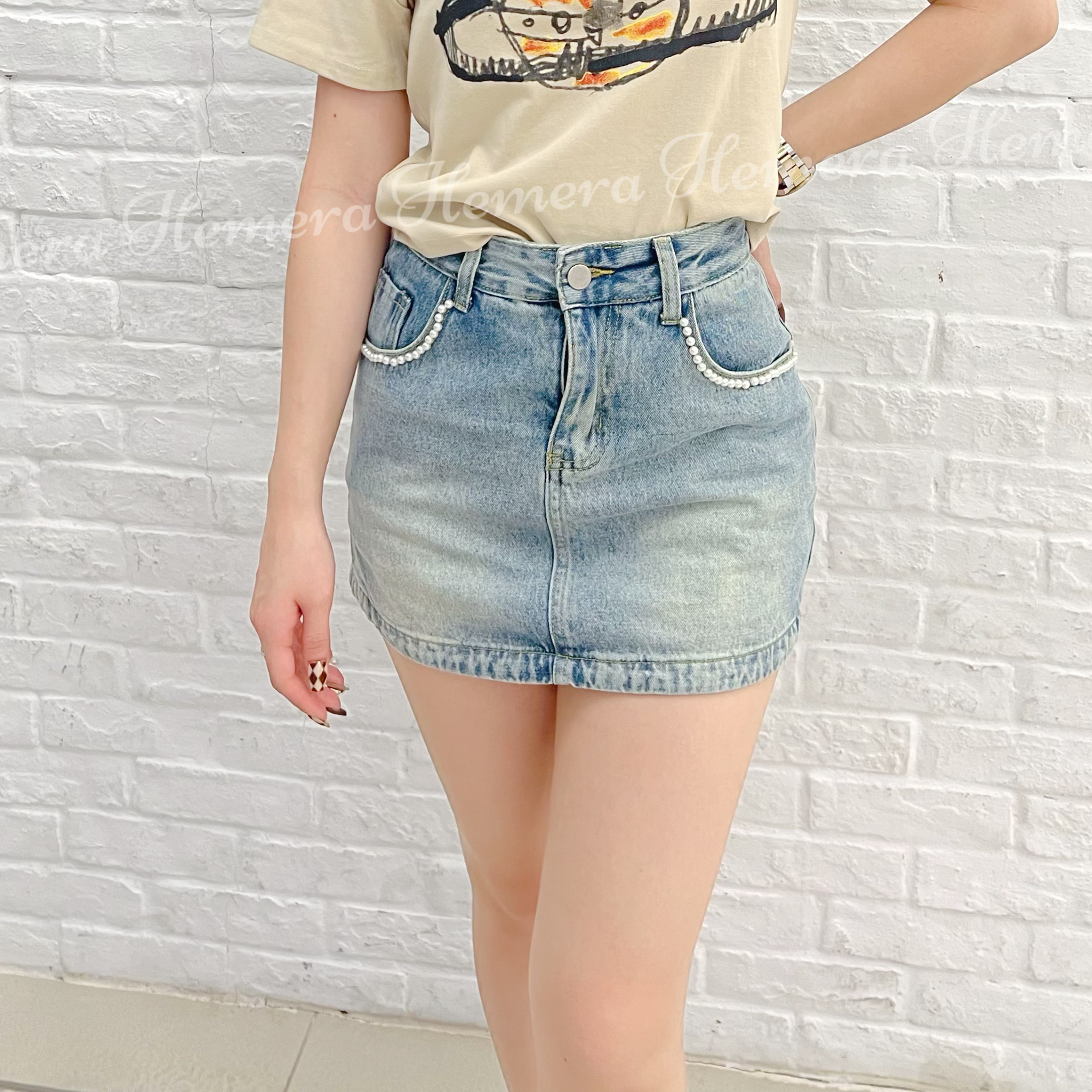 SK23W0641 珠珠圍邊牛仔裙褲