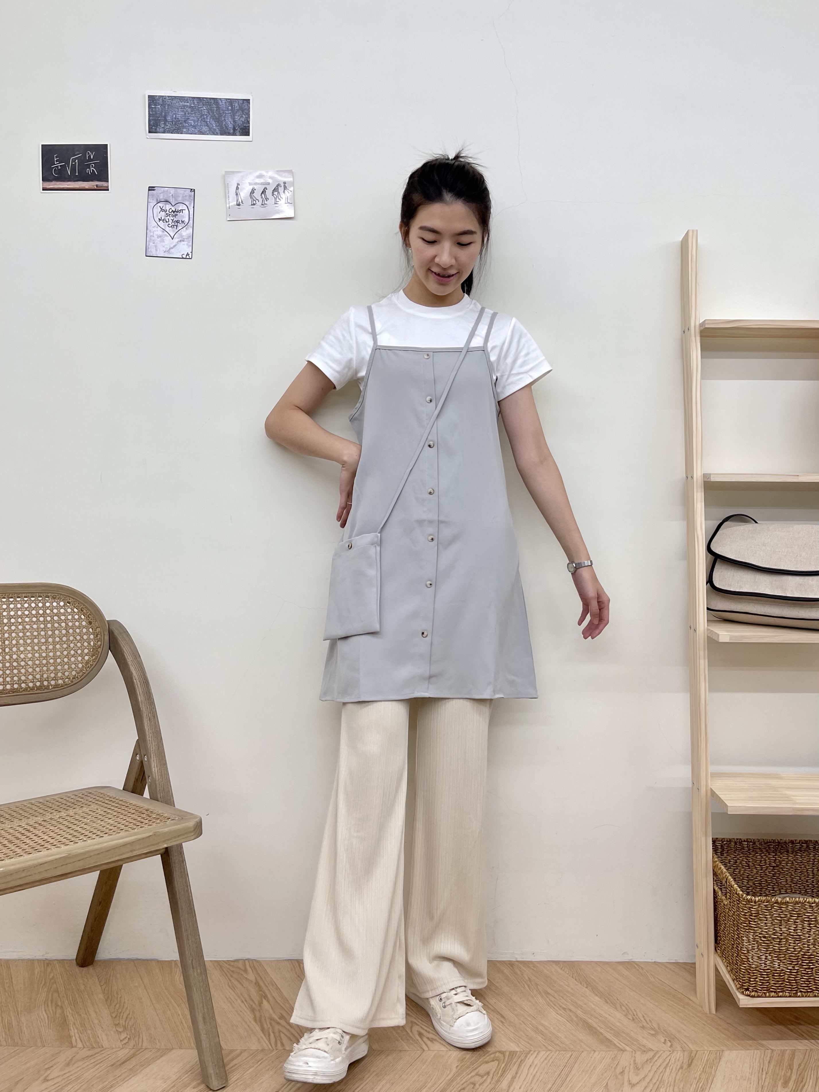 細肩滑料口袋短洋裝