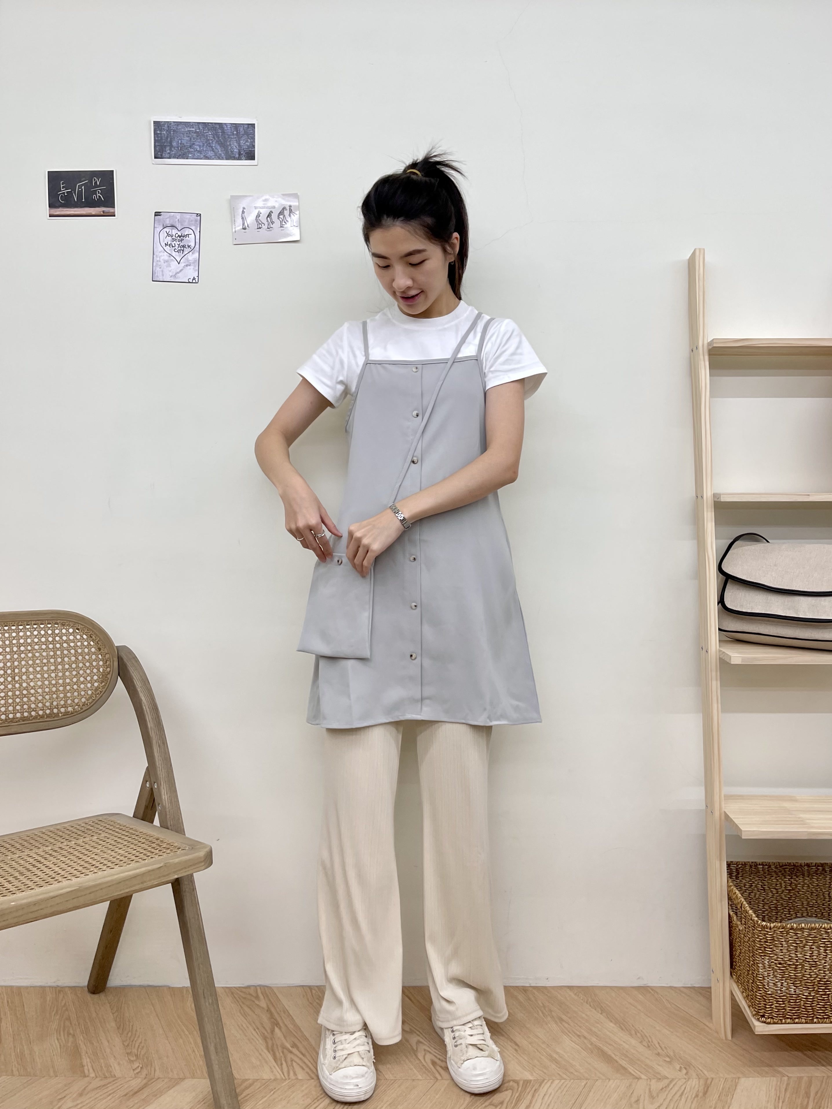 細肩滑料口袋短洋裝