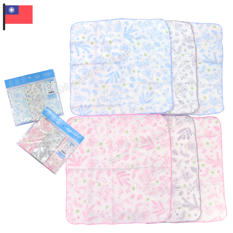 3條裝 舒適牌: 台灣製 - 白底淡花紗布手帕 10813