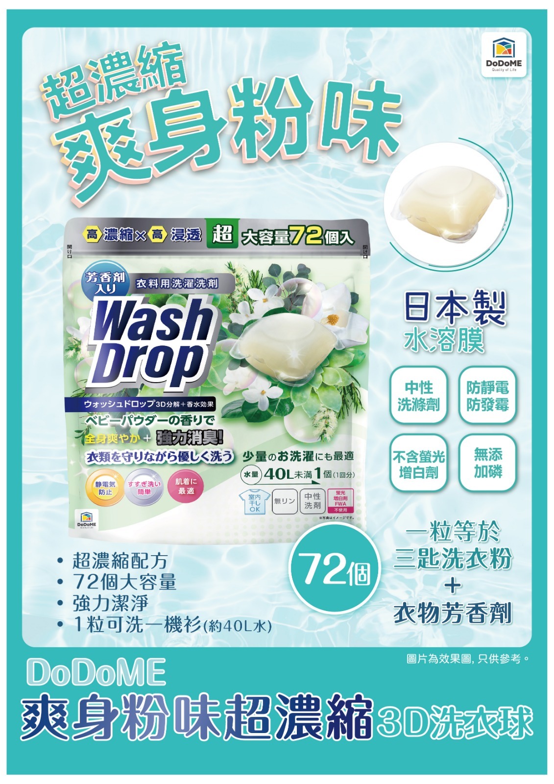 DODOME爽身粉味洗衣球72粒**2包起$73/包