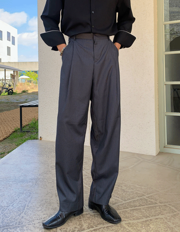 側褶皺條紋西裝褲