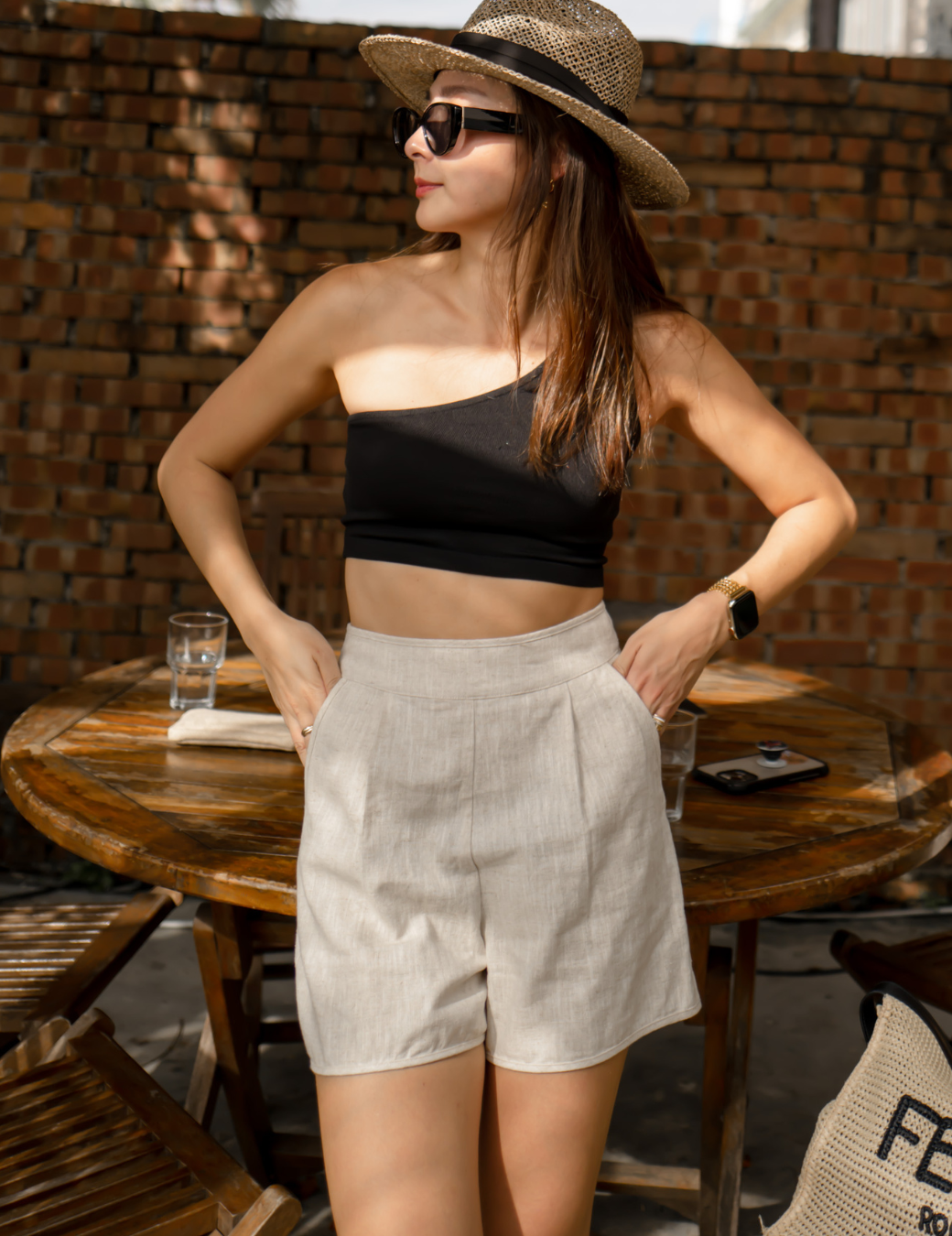 滾邊棉麻高腰短褲（4尺寸）