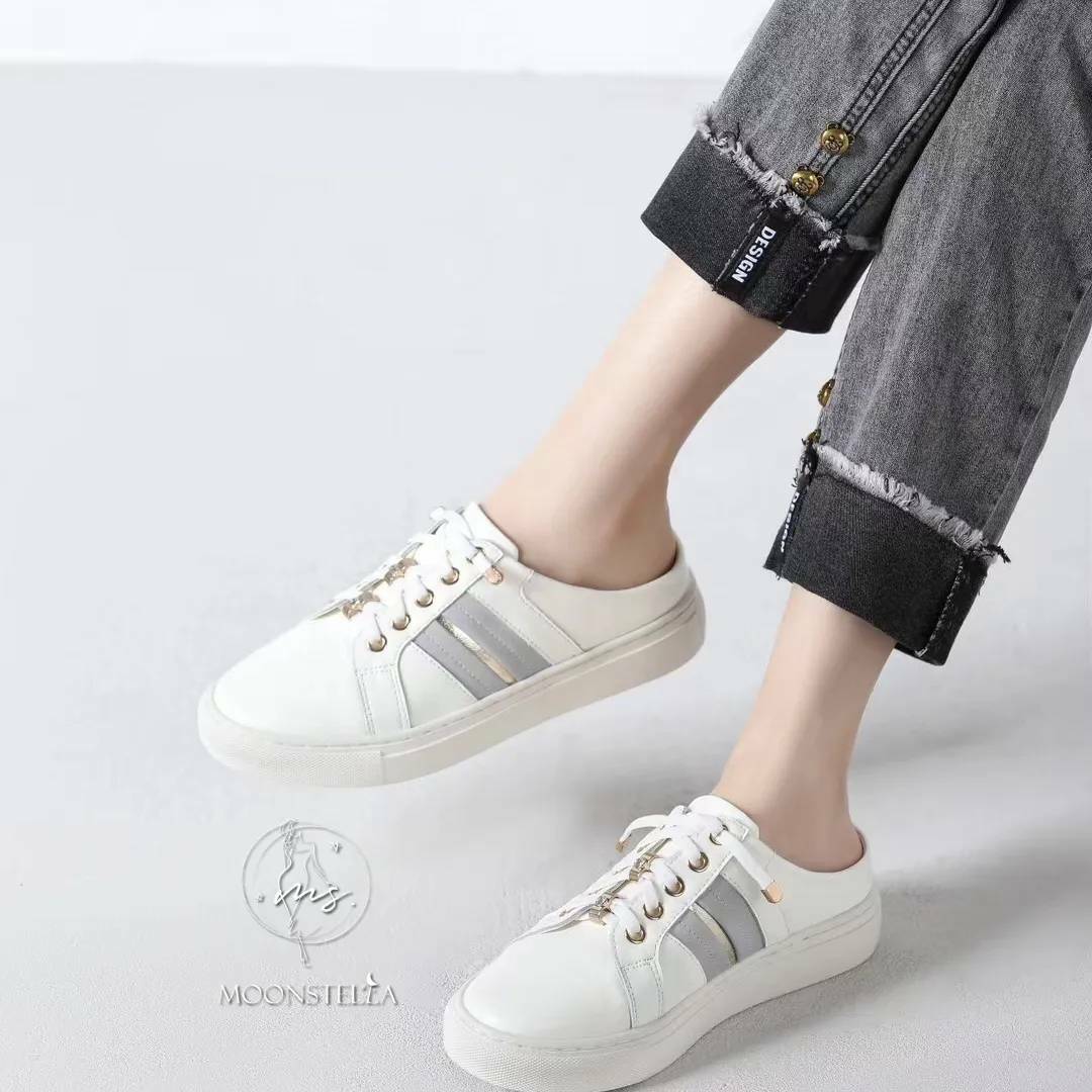 鑽鞋帶條文牛皮半拖休閒鞋