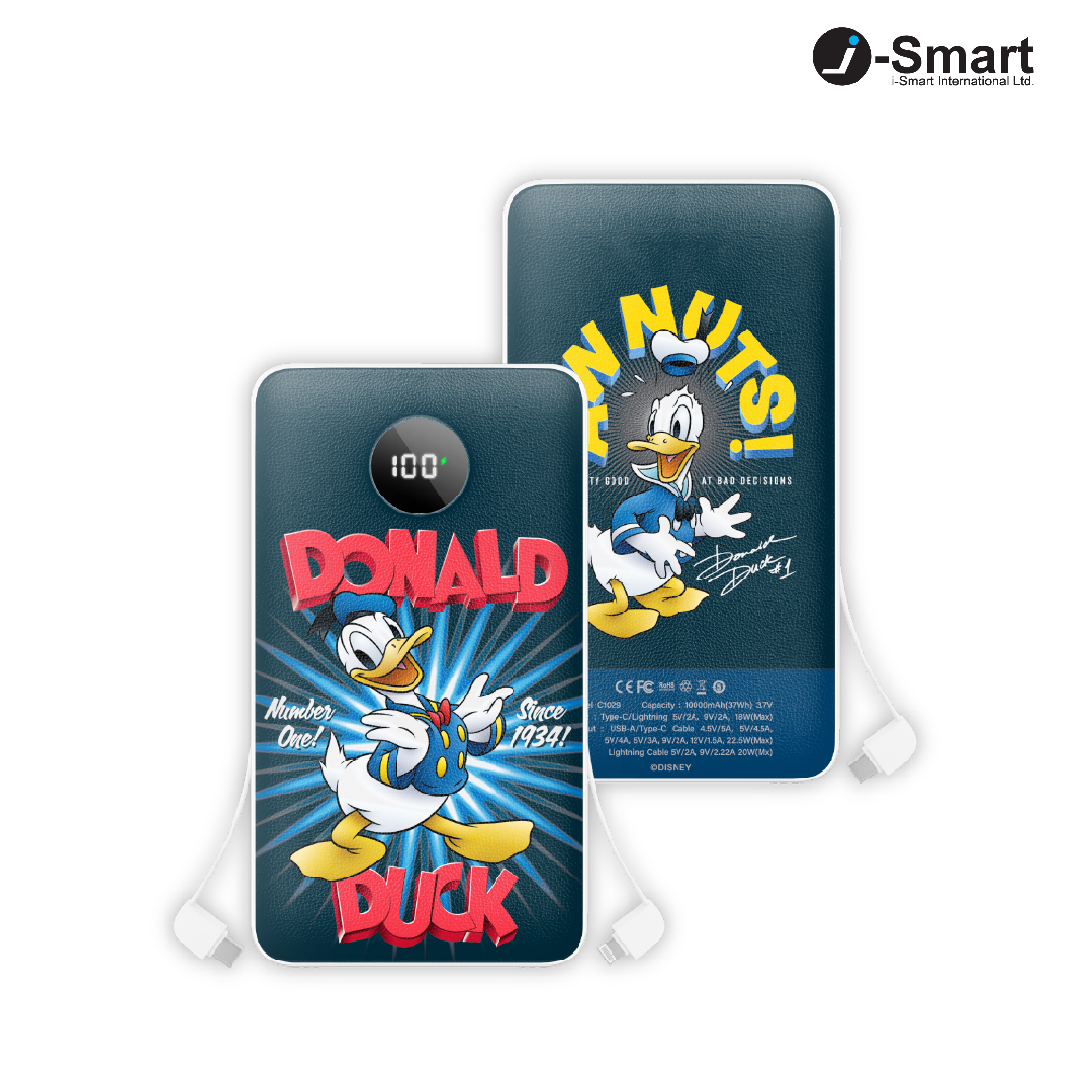 i-Smart-Disney-10000mAh Fast Charge Built-In Cables Power Bank-Donald Duck