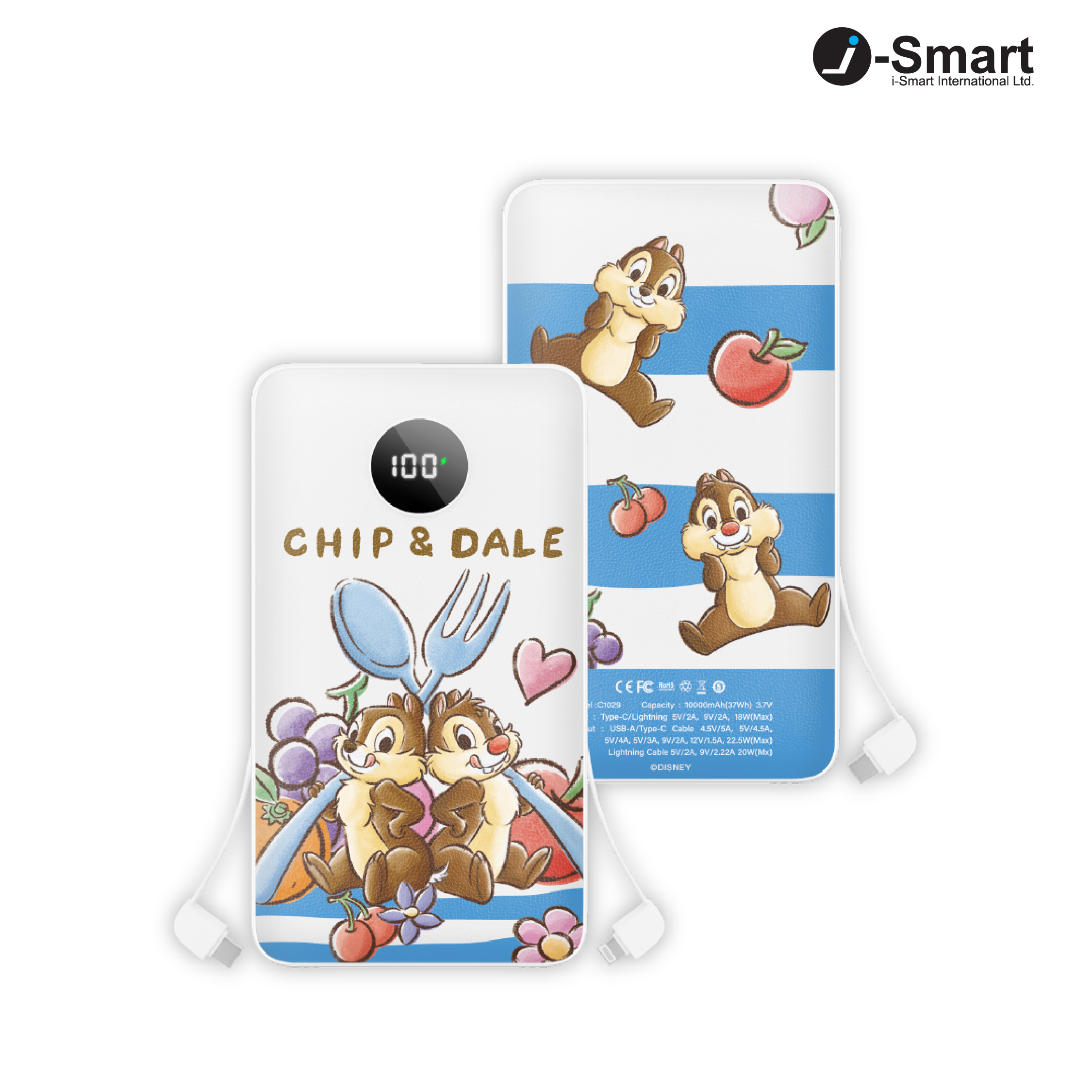 i-Smart-Disney-10000mAh Fast Charge Built-In Cables Power Bank-Chip 'n Dale