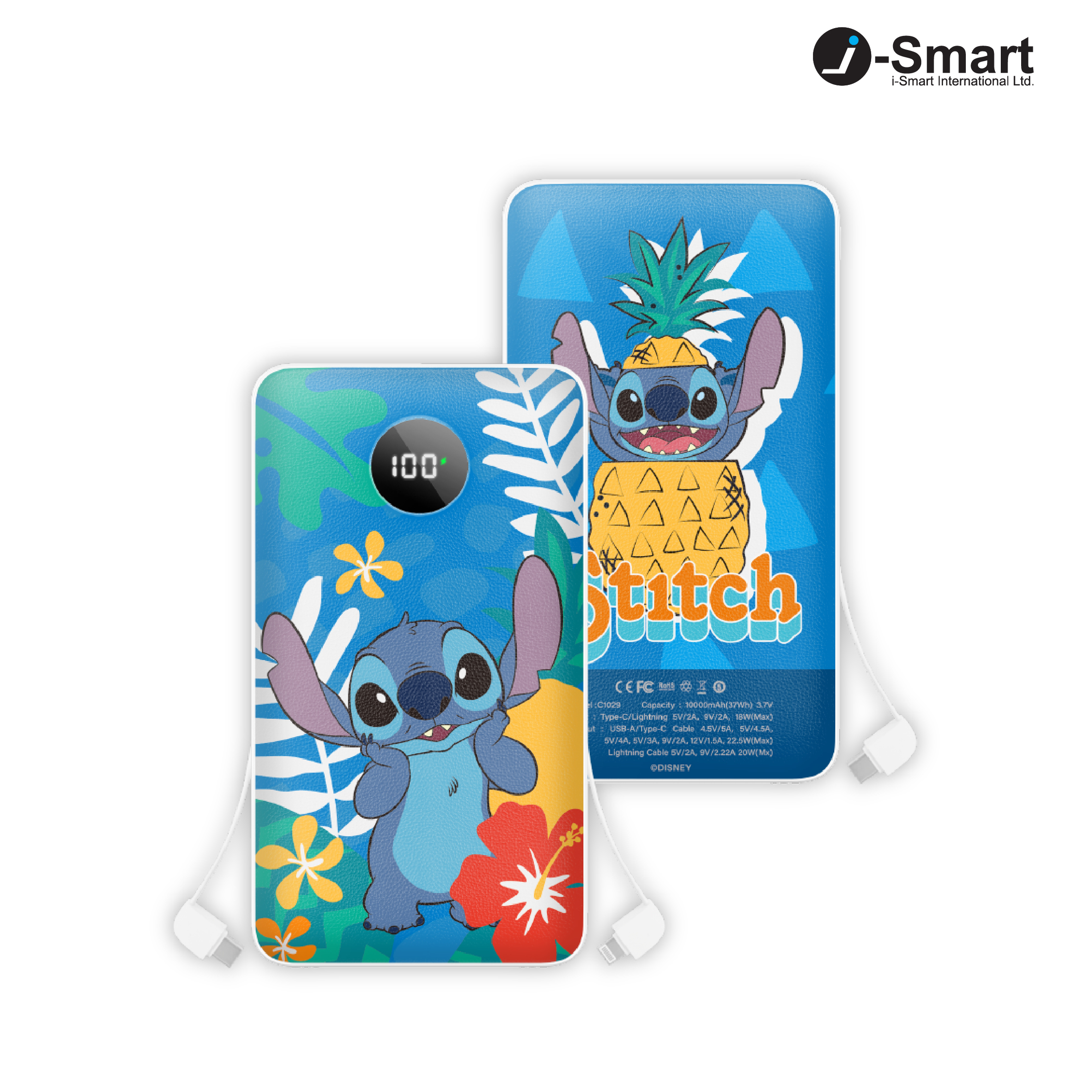 i-Smart-Disney-10000mAh Fast Charge Built-In Cables Power Bank-Stitch
