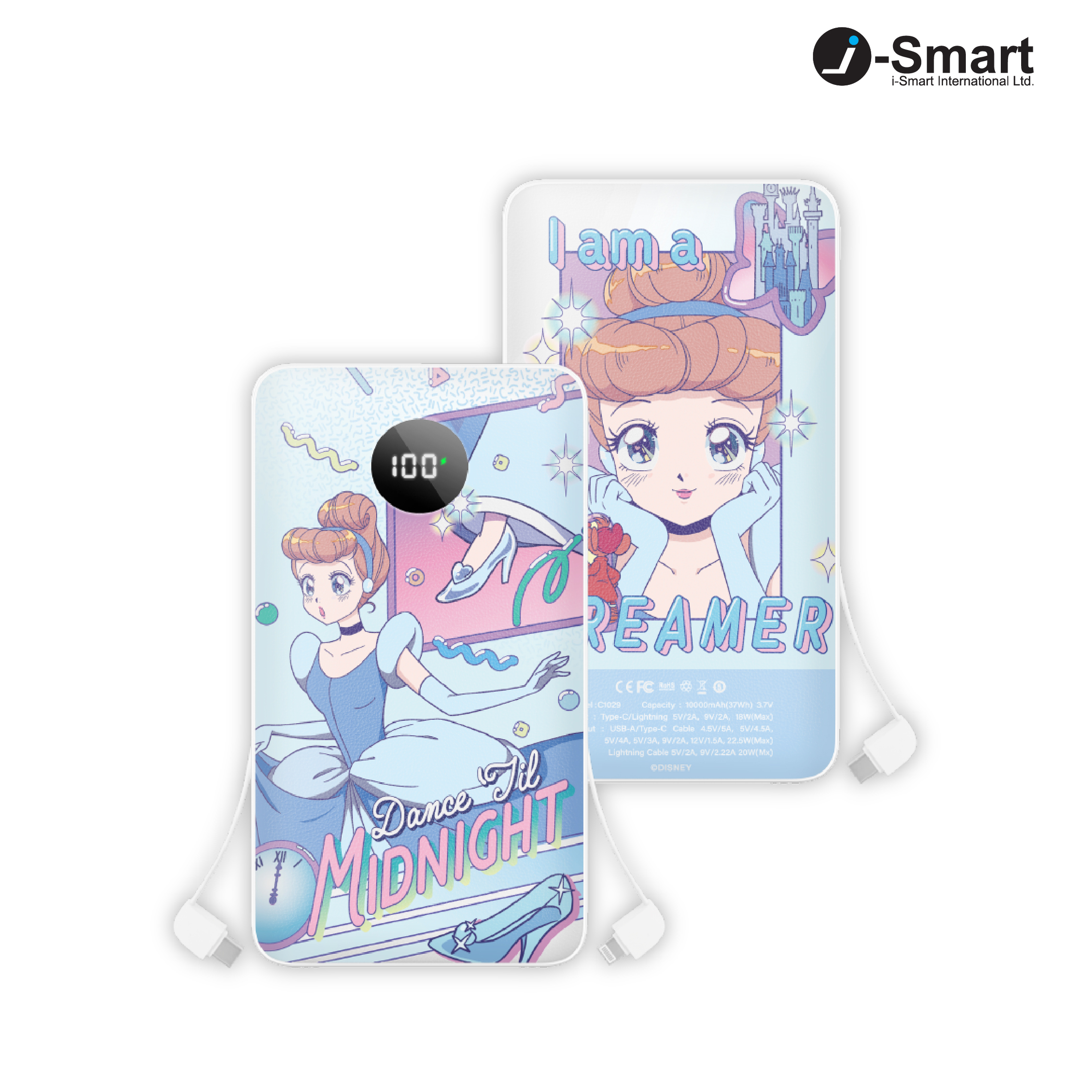 i-Smart-Disney-10000mAh Fast Charge Built-In Cables Power Bank-Cinderella