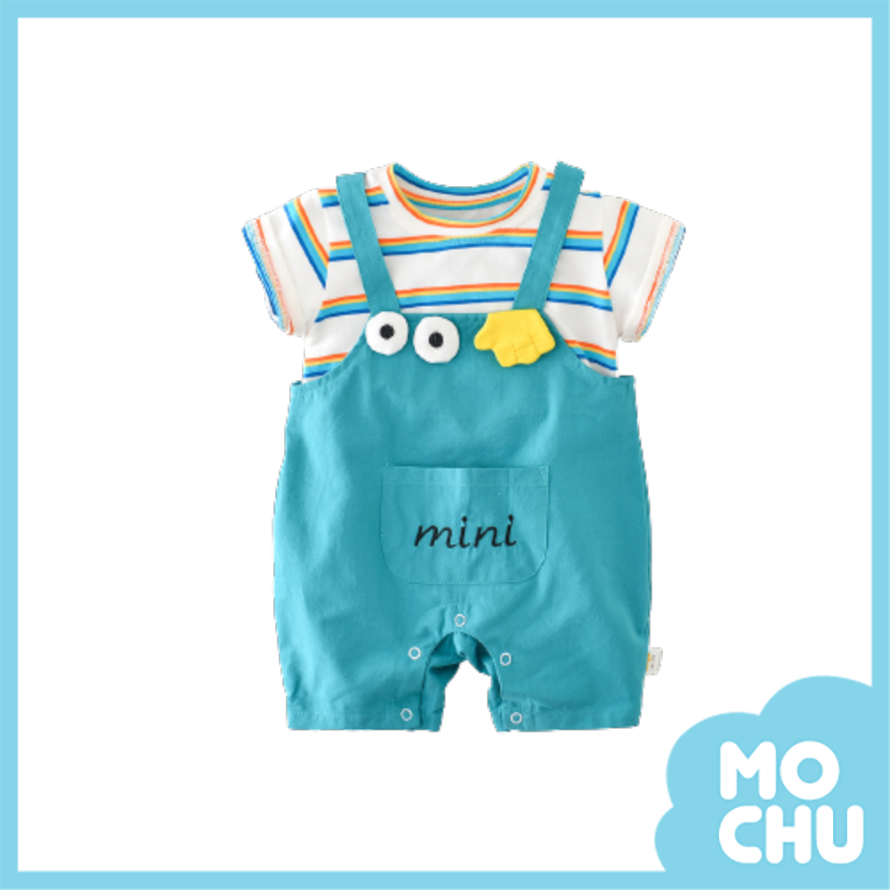 大眼睛彩虹條紋假兩件連身衣