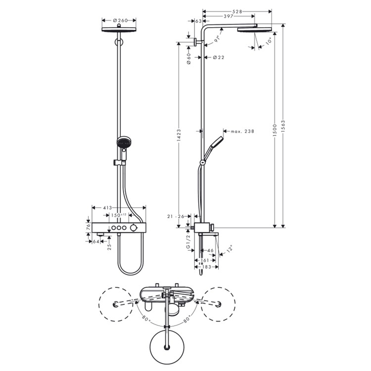 hansgrohe Pulsify 24230, -000 Showerpipe 260 1jet with bath thermostat ShowerTablet Select 400, with rotatable spout