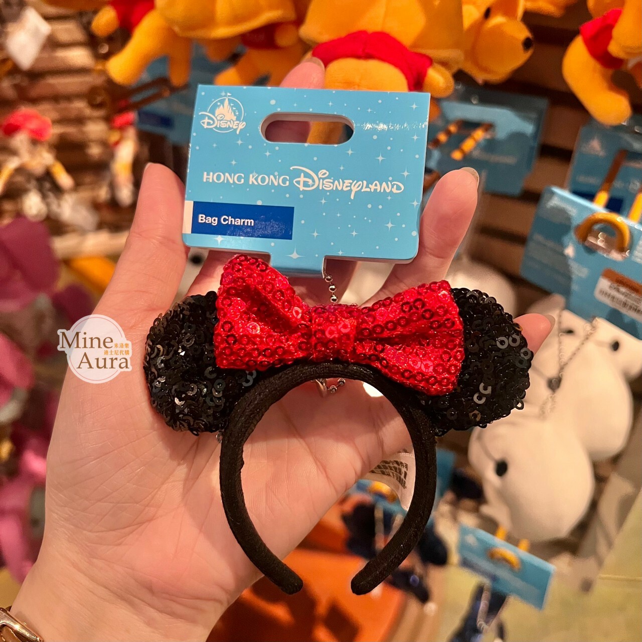 米妮 Minnie 亮片 紅色蝴蝶結髮圈 造型 鑰匙圈 吊飾 -香港迪士尼樂園