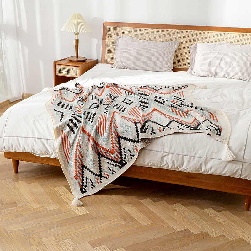 波西米亞風針織流蘇沙發毯 藍色