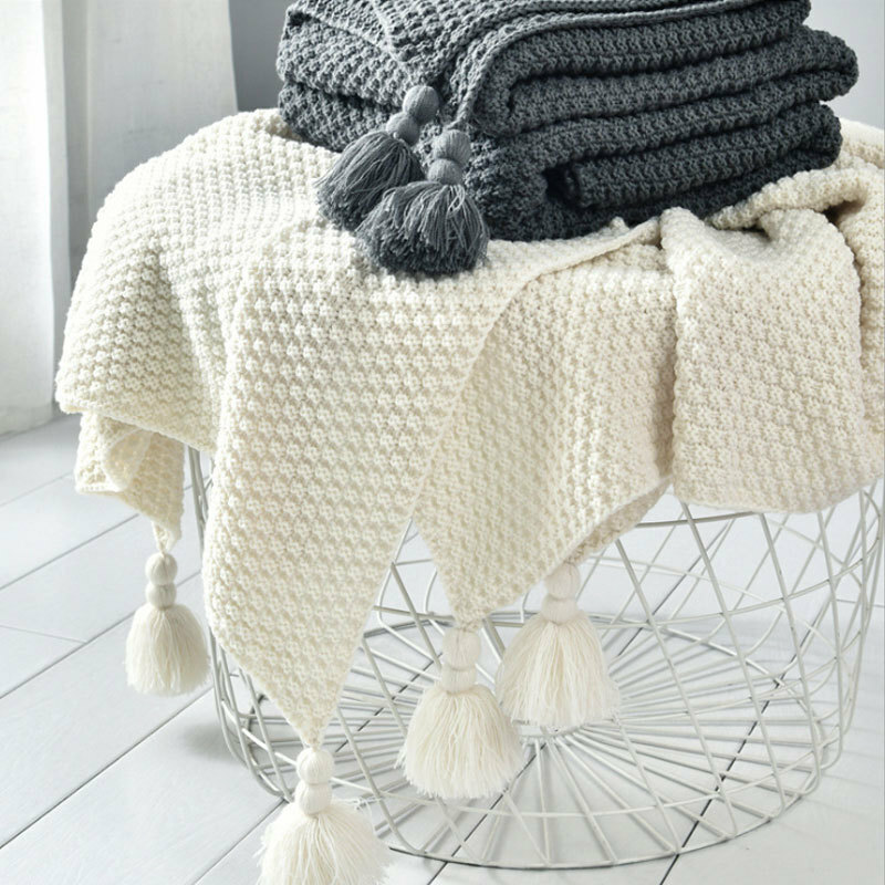 北歐素色針織流蘇沙發毯 兩色