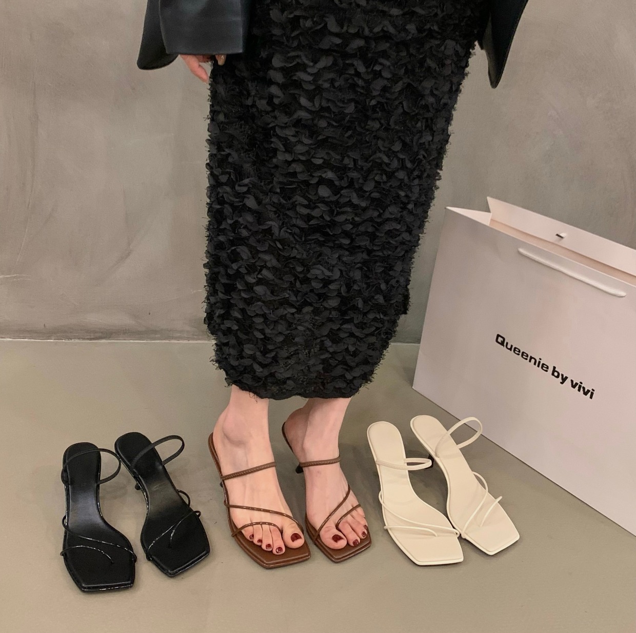 線條夾腳貓跟 2穿跟拖(35-39)(黑/米/棕)