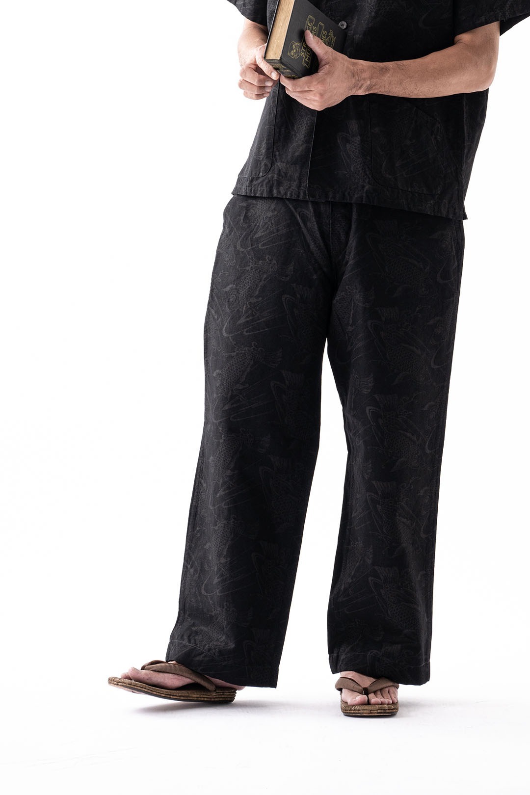Black Sign “Climbing Carp”Adjustable Waist Trousers / Black Chambray