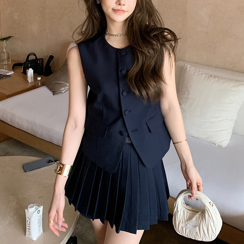 排釦背心+高腰百褶裙(套裝)(深藍/灰)