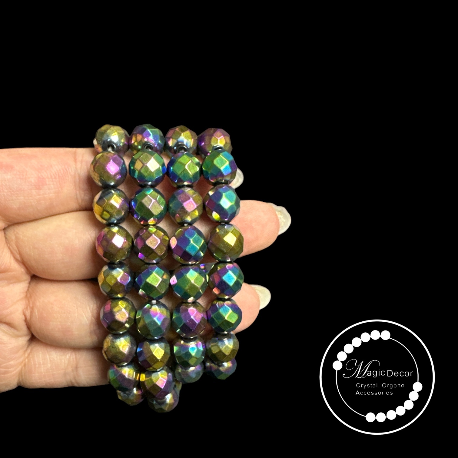 250214-B18 11-12mm黑膽石幻彩電鍍鑽石切割手串