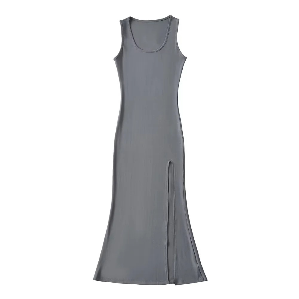 棉質圓領開衩 休閒洋裝(藍/黑/奶茶/灰)