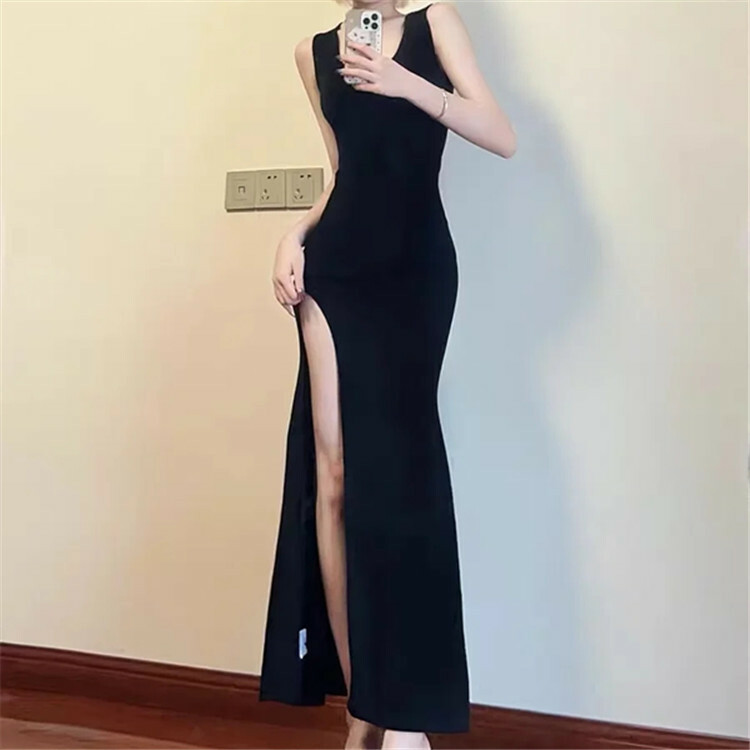 棉質圓領開衩 休閒洋裝(藍/黑/奶茶/灰)