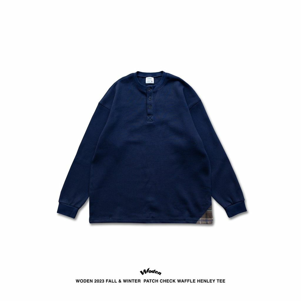WODEN 2023 Fall & Winter Patch Check Waffle Henley Tee 藏青