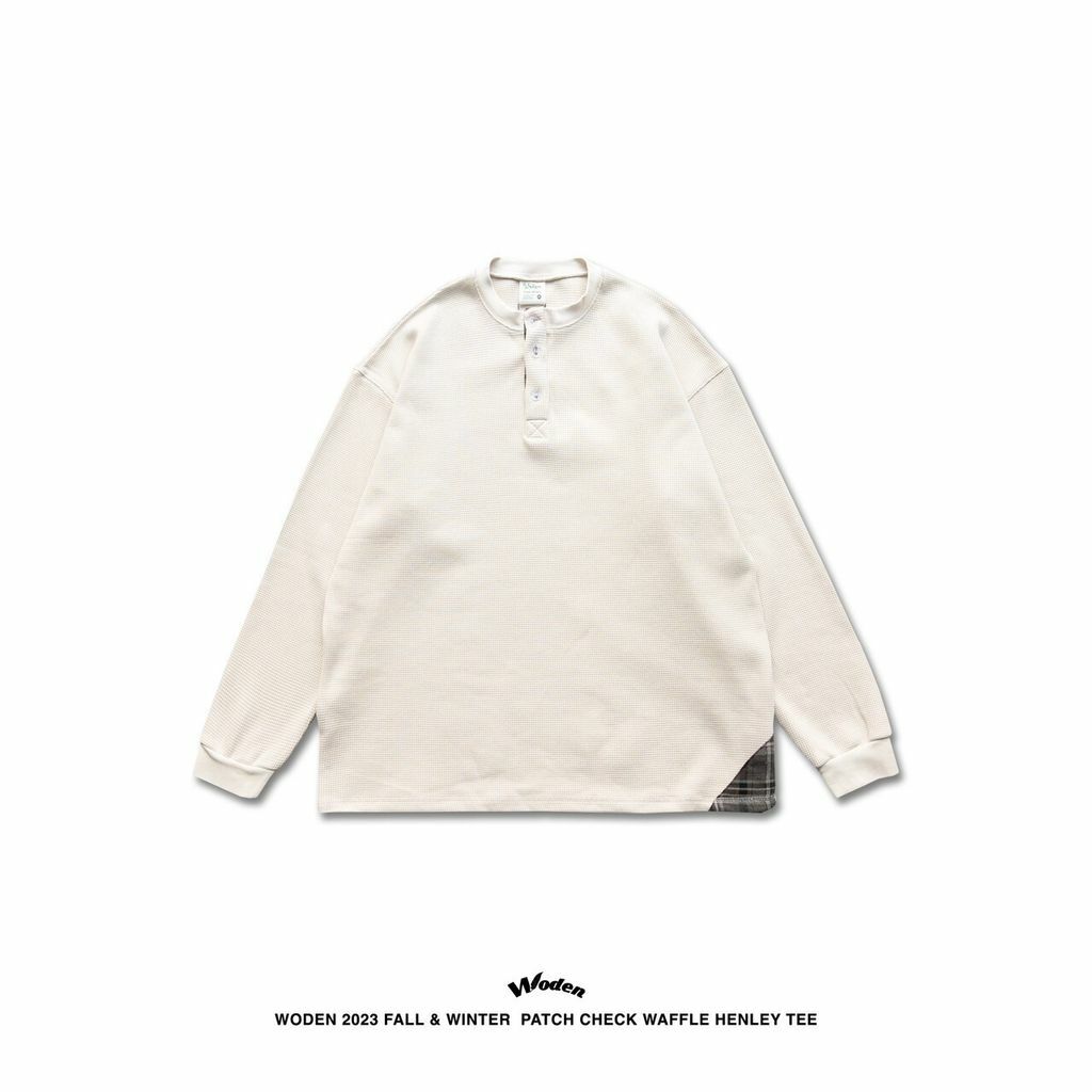 WODEN 2023 Fall & Winter Patch Check Waffle Henley Tee 米色