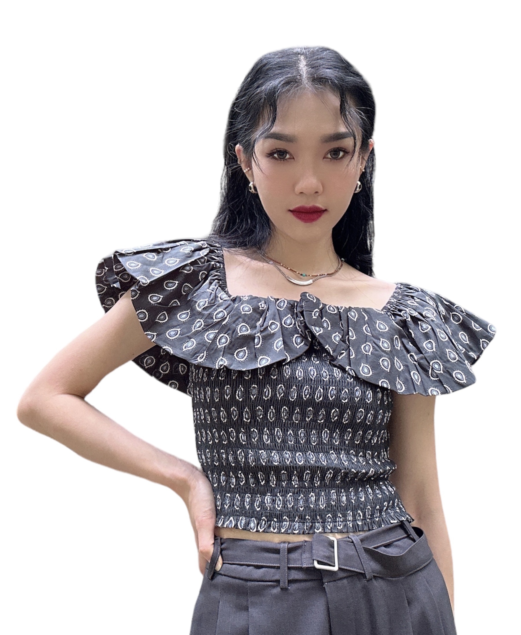 腰果花拉橡筋荷葉領上衣（現貨款式）