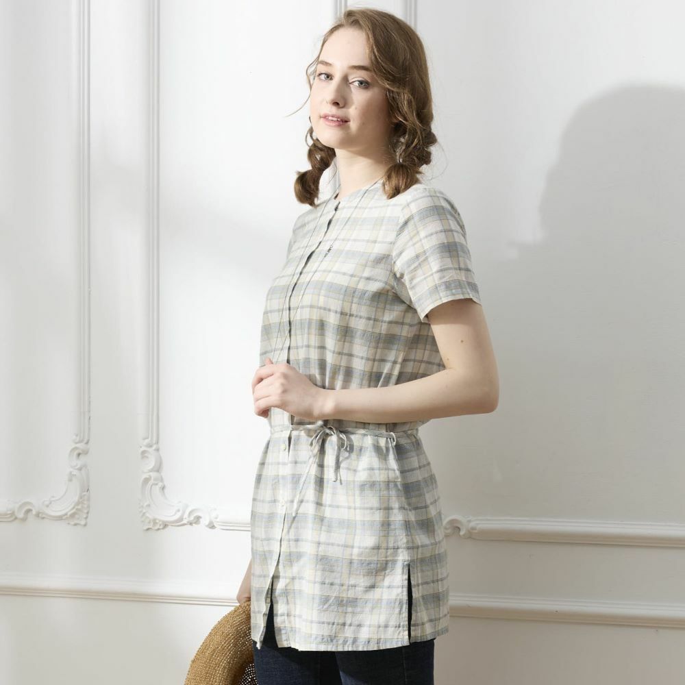 PIPPY經典格紋綁帶棉質長版襯衫 藍