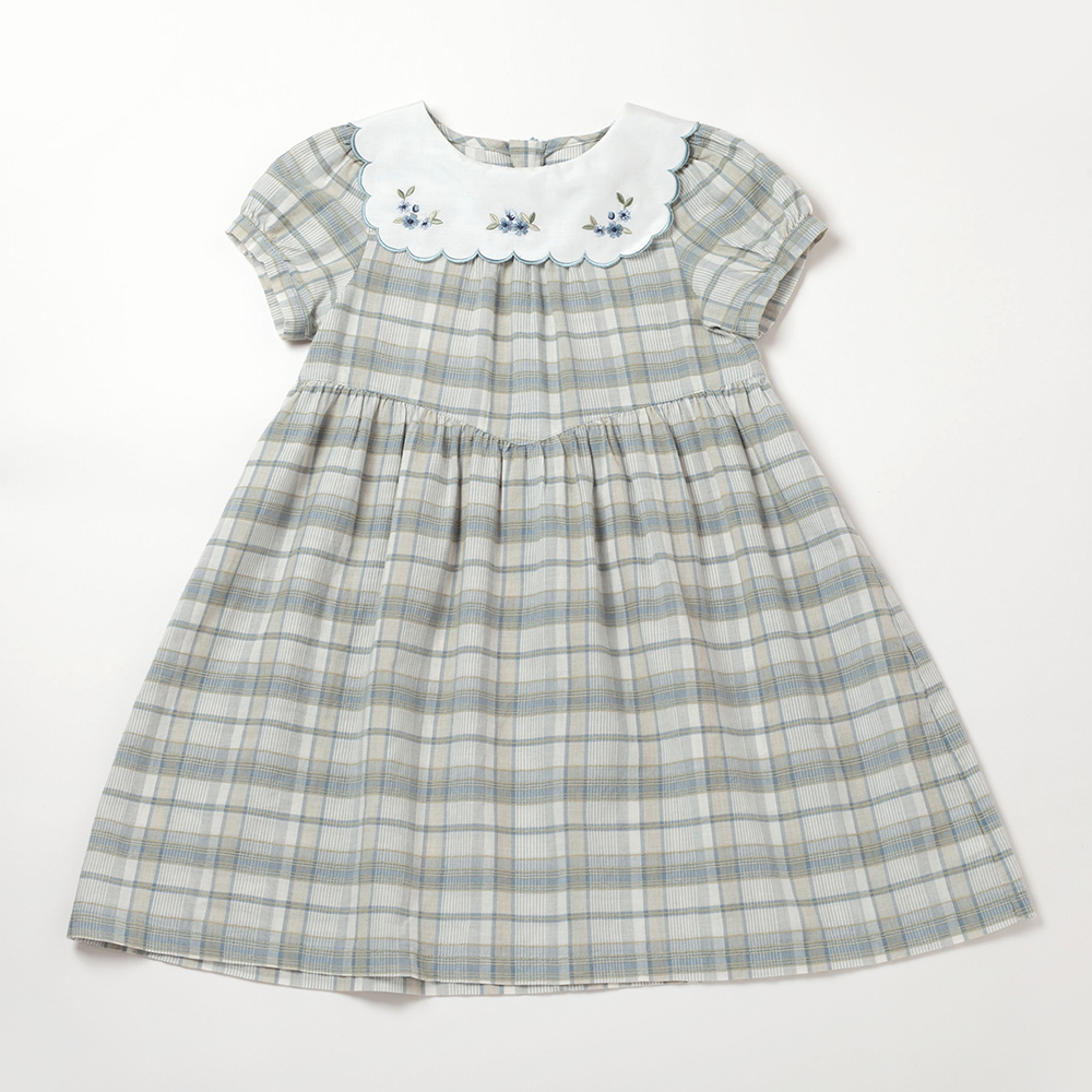 PIPPY經典格紋方形領棉質連身裙洋裝 藍