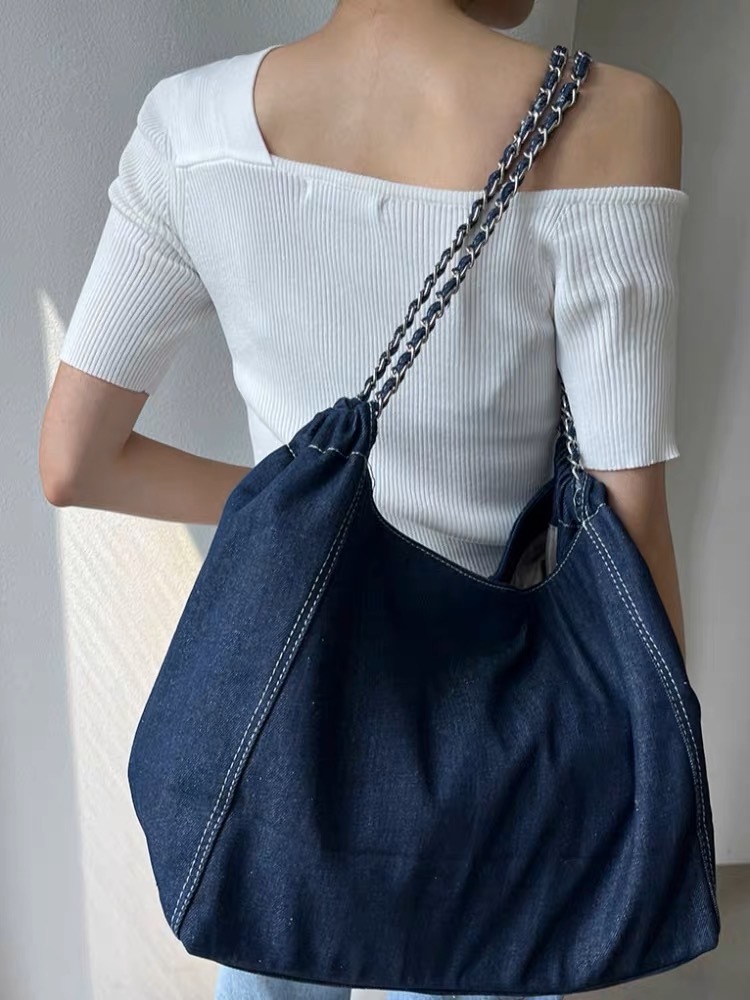 慵懶風牛仔布鍊條肩背包/三色