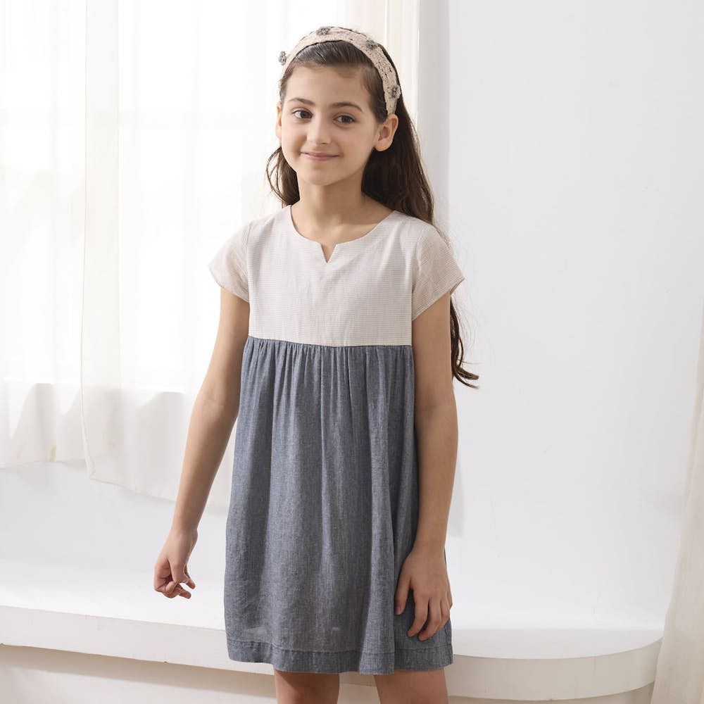 PIPPY剪接跳色棉質連身裙洋裝 灰