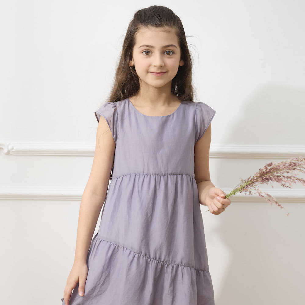 PIPPY  優雅絲棉質飄逸不對稱剪接連身裙洋裝 紫