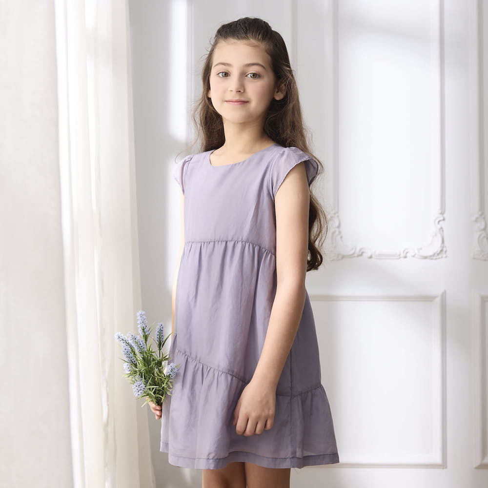 PIPPY  優雅絲棉質飄逸不對稱剪接連身裙洋裝 紫