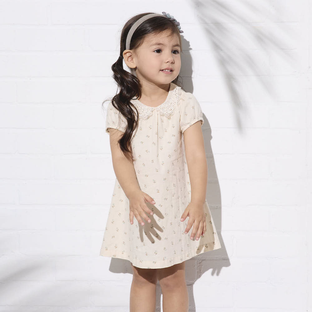 PIPPY純棉碎花蕾絲領連身裙洋裝 米