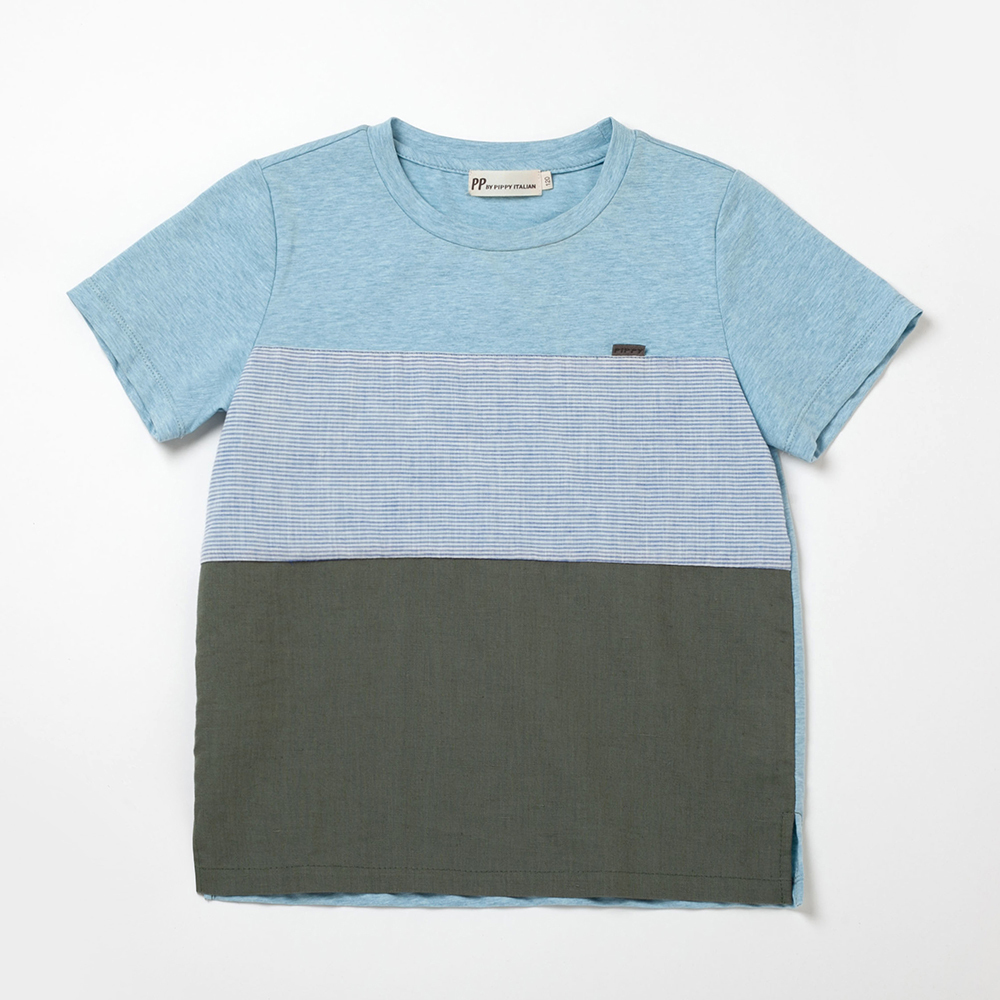 PIPPY圓領剪接棉質上衣 藍