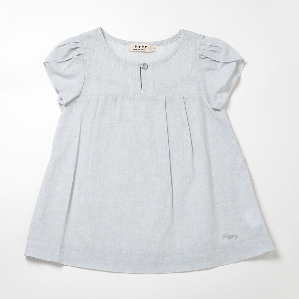 PIPPY優雅花苞袖棉麻混紡上衣 灰白