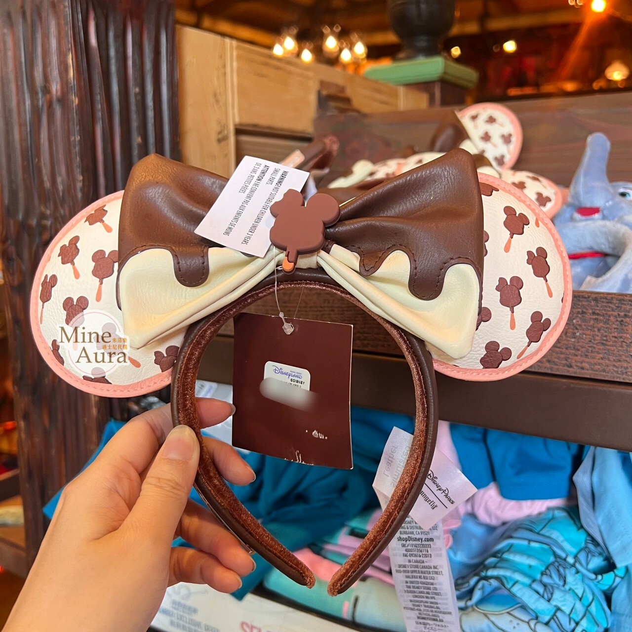 米奇 Mickey 巧克力雪糕圖案 蝴蝶結 耳朵造型 皮質 髮圈 髮箍 -香港迪士尼樂園