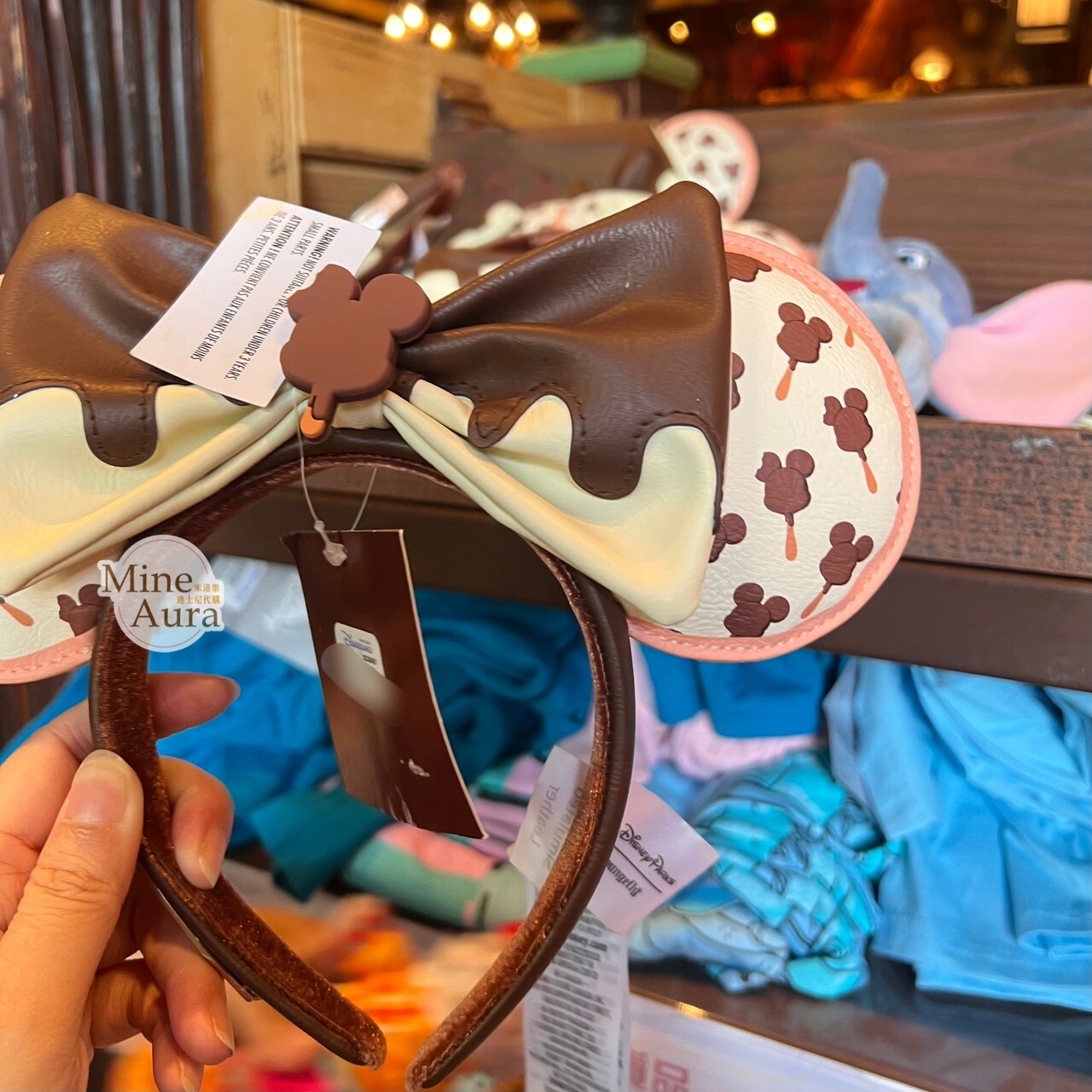 米奇 Mickey 巧克力雪糕圖案 蝴蝶結 耳朵造型 皮質 髮圈 髮箍 -香港迪士尼樂園