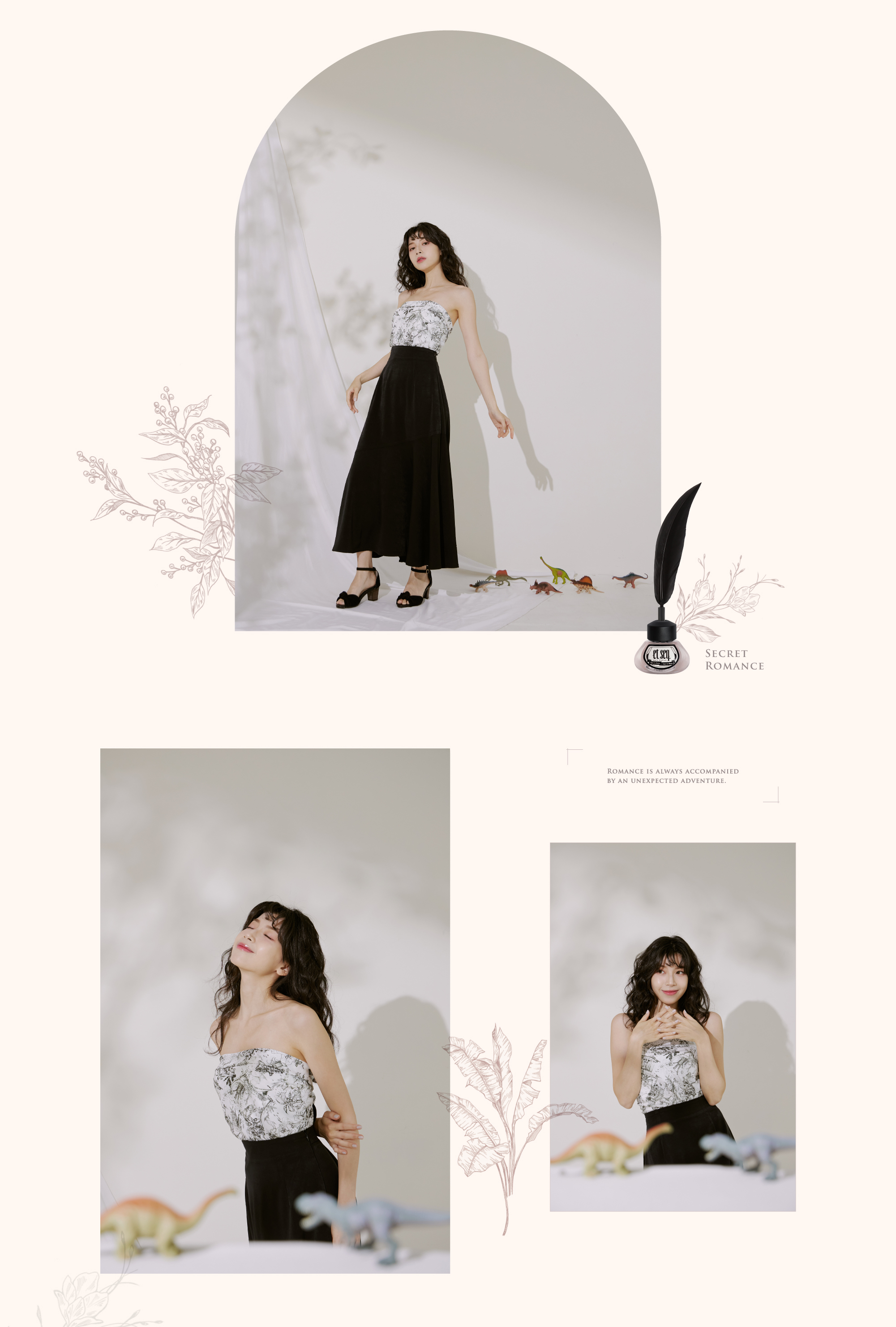 GEORGIA TSAO台灣服裝品牌聯名款禮盒，脖子上綁的恐龍侏羅紀莊園款絲巾，手上塗et seq.羽毛筆指甲油水性的指甲油