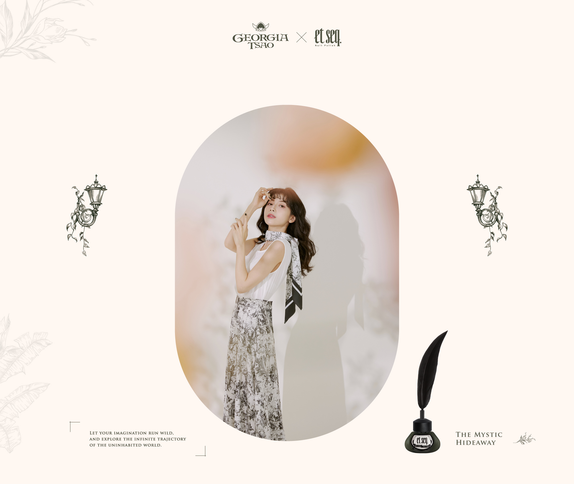 GEORGIA TSAO台灣服裝品牌聯名款禮盒，脖子上綁的恐龍侏羅紀莊園款絲巾，手上塗et seq.羽毛筆指甲油水性的指甲油